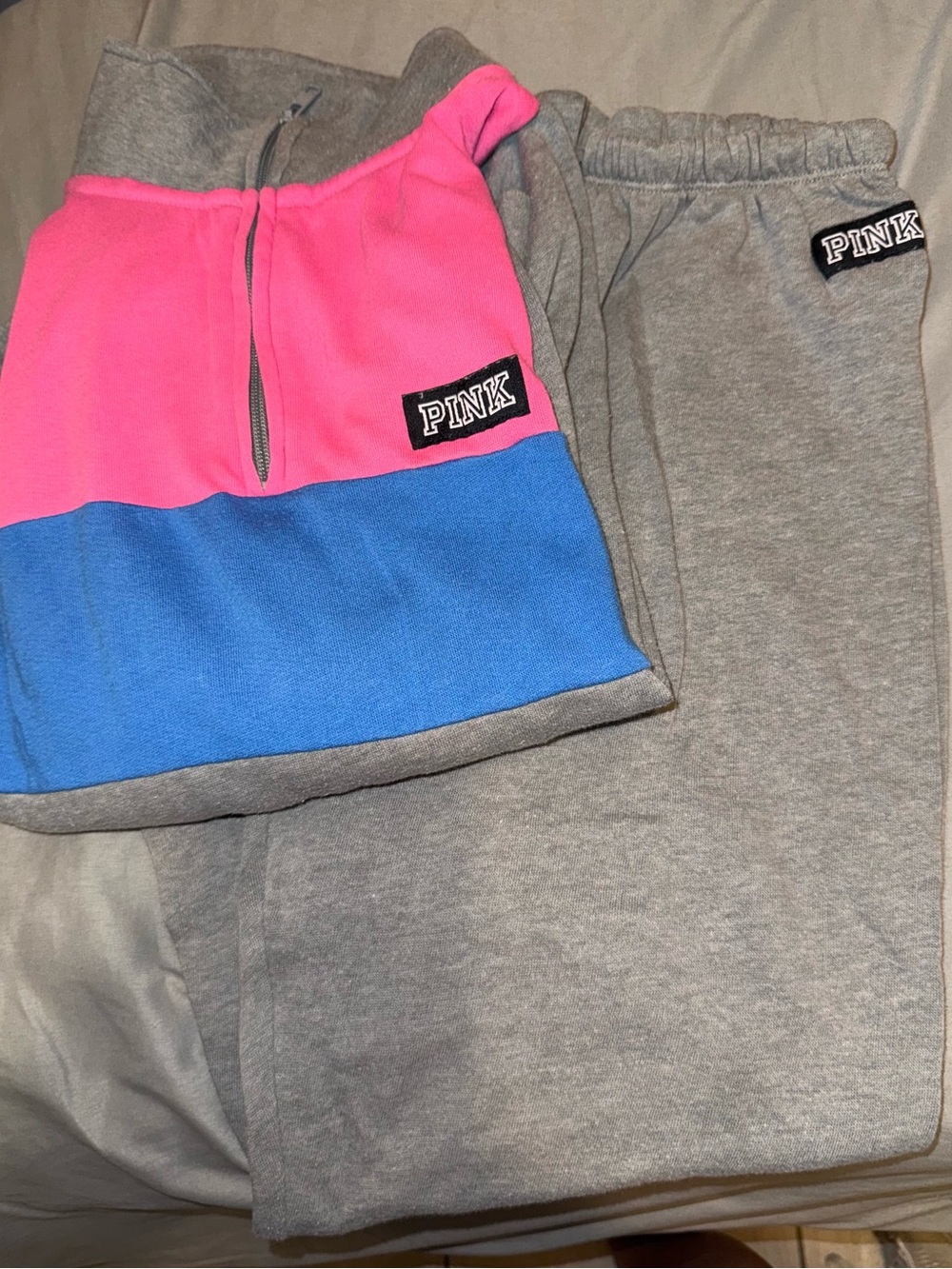 PINK Victoria's Secret Gray Track Joggers with Pink & Blue Colorblock Pullover